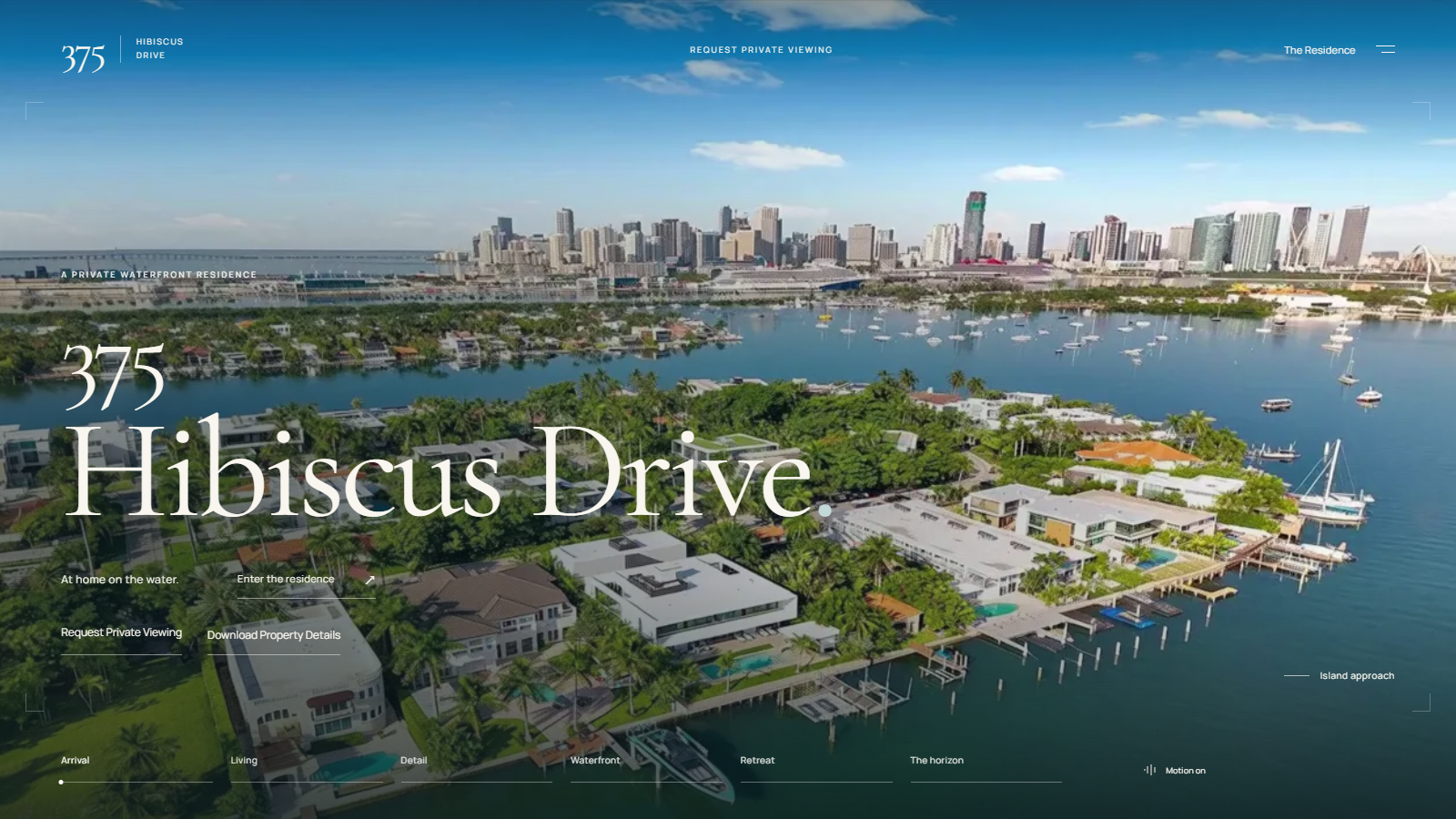 375 Hibiscus Drive website hero showing an aerial view of Miami Beach waterfront homes and the bay.
