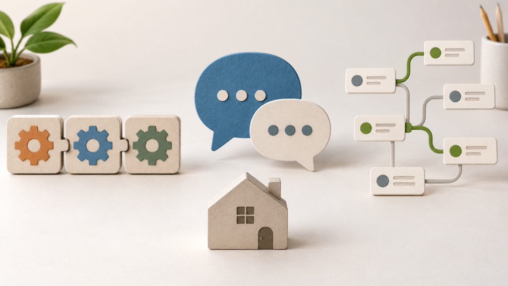 Three conceptual tools representing fixed automation, customer conversation and an AI agent choosing connected actions.