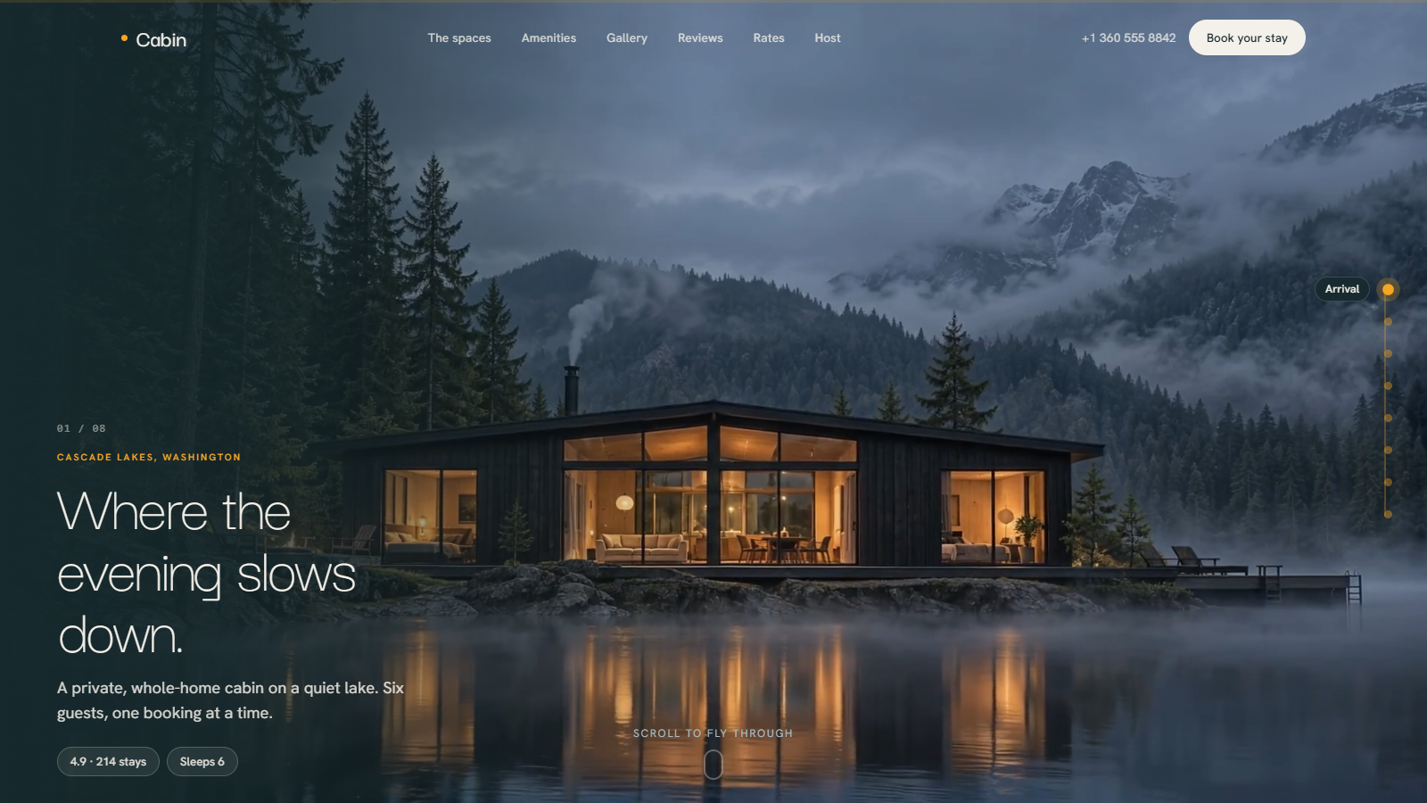 Cabin Vesper website hero showing a lakeside cabin beneath forested mountains.