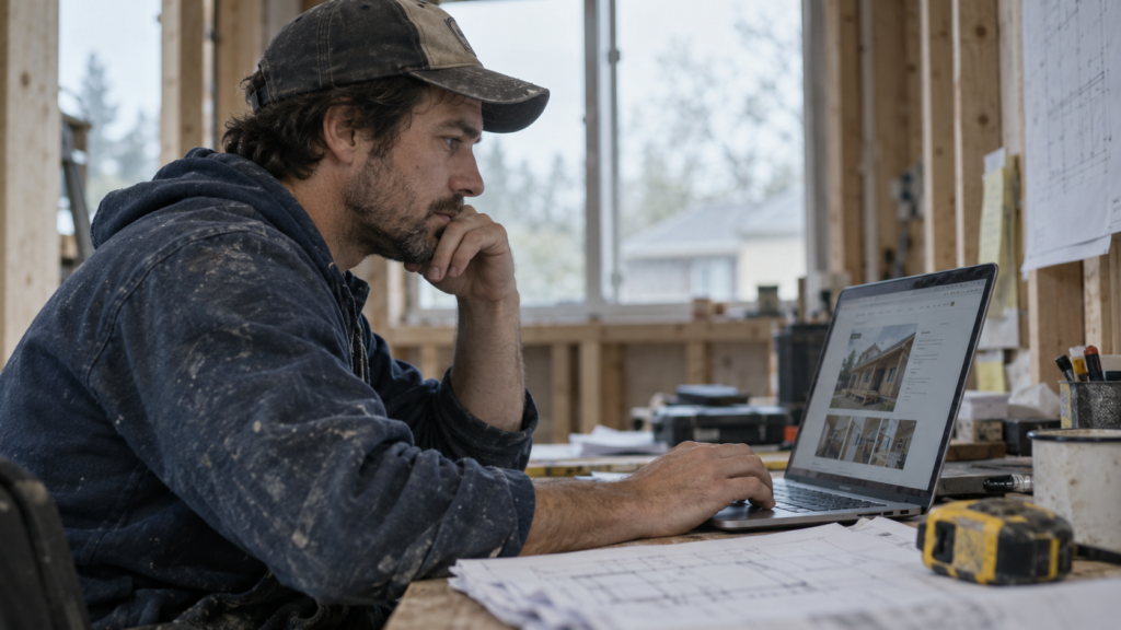 Contractor reviewing a website on a laptop beside building plans in a renovation site office.