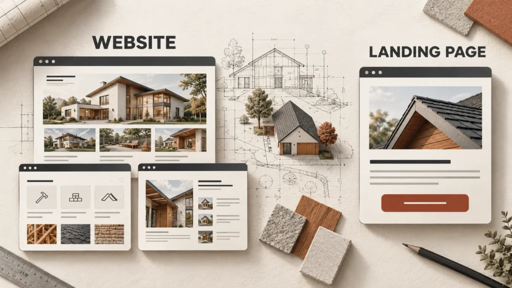 Conceptual illustration comparing a contractor website with several service and project pages to one focused roof-inspection landing page.