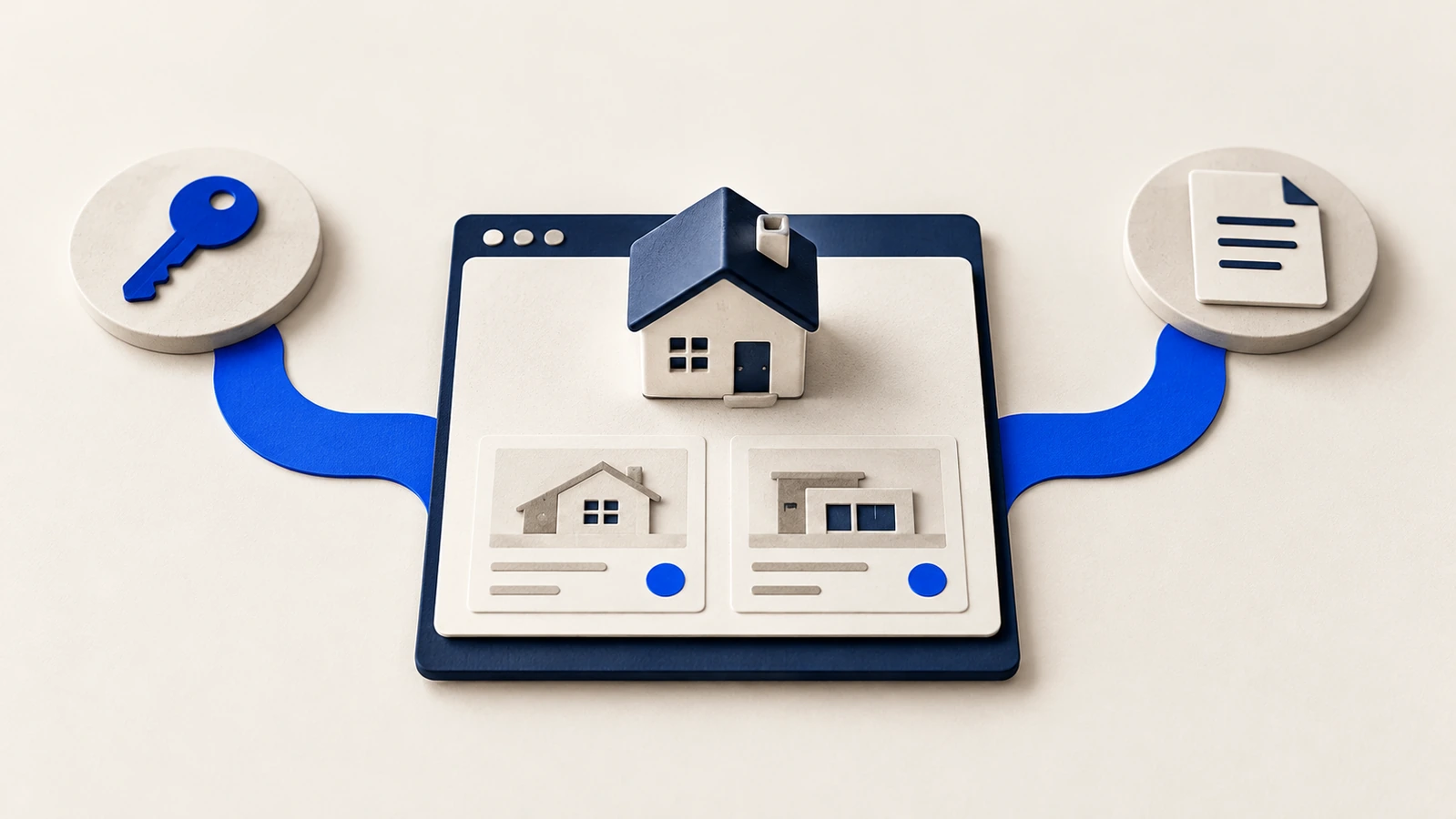 Illustration of a property website connecting listing information to separate buyer and seller enquiry paths.