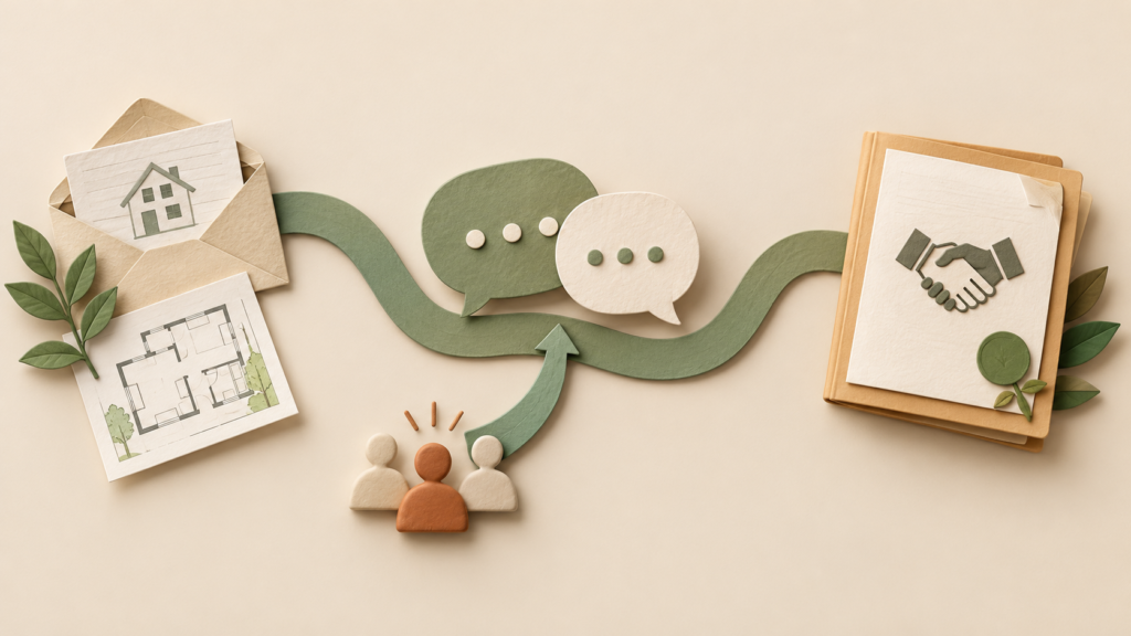 Conceptual customer journey from a service enquiry to a conversation and agreed project.